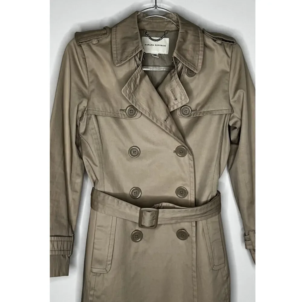 2008 Banana Republic Classic Khaki Cotton Trench Coat Belted Petite XS